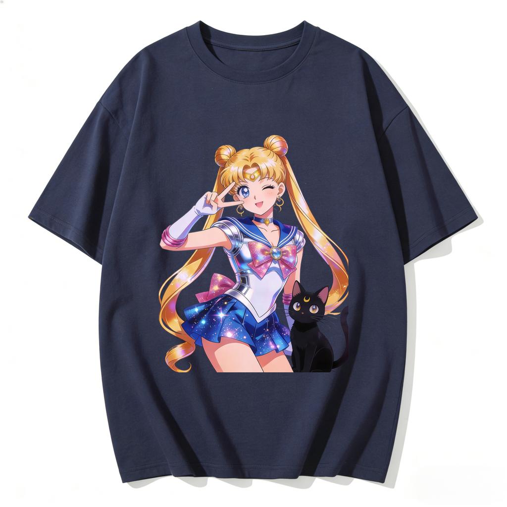 Summer  Hot Sailor Moon Tsukino Usagi  Luna Cat T-shirt Print Casual Tee Parent-child Matching Tops Versatile