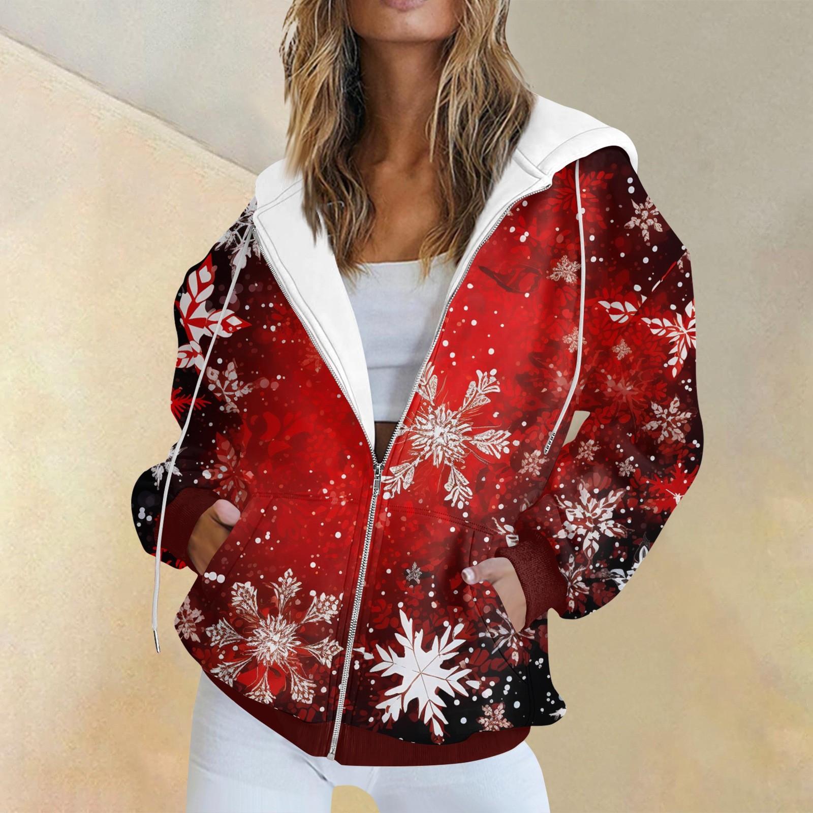 

Женская модная повседневная толстовка с рождественским принтом и длинными рукавами, карманная куртка, пальто с капюшоном на молнии L винный