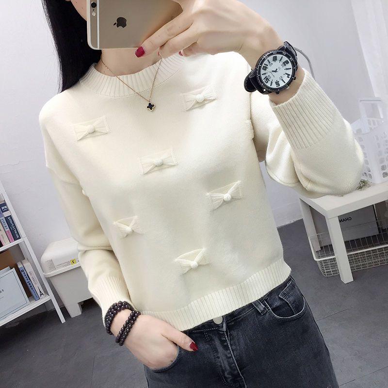 Women's Knitted Top Autumn Winter Korean Style Loose Sweater Crew Neck Pullover Long Sleeve Short Length Base Layer Upper Garment