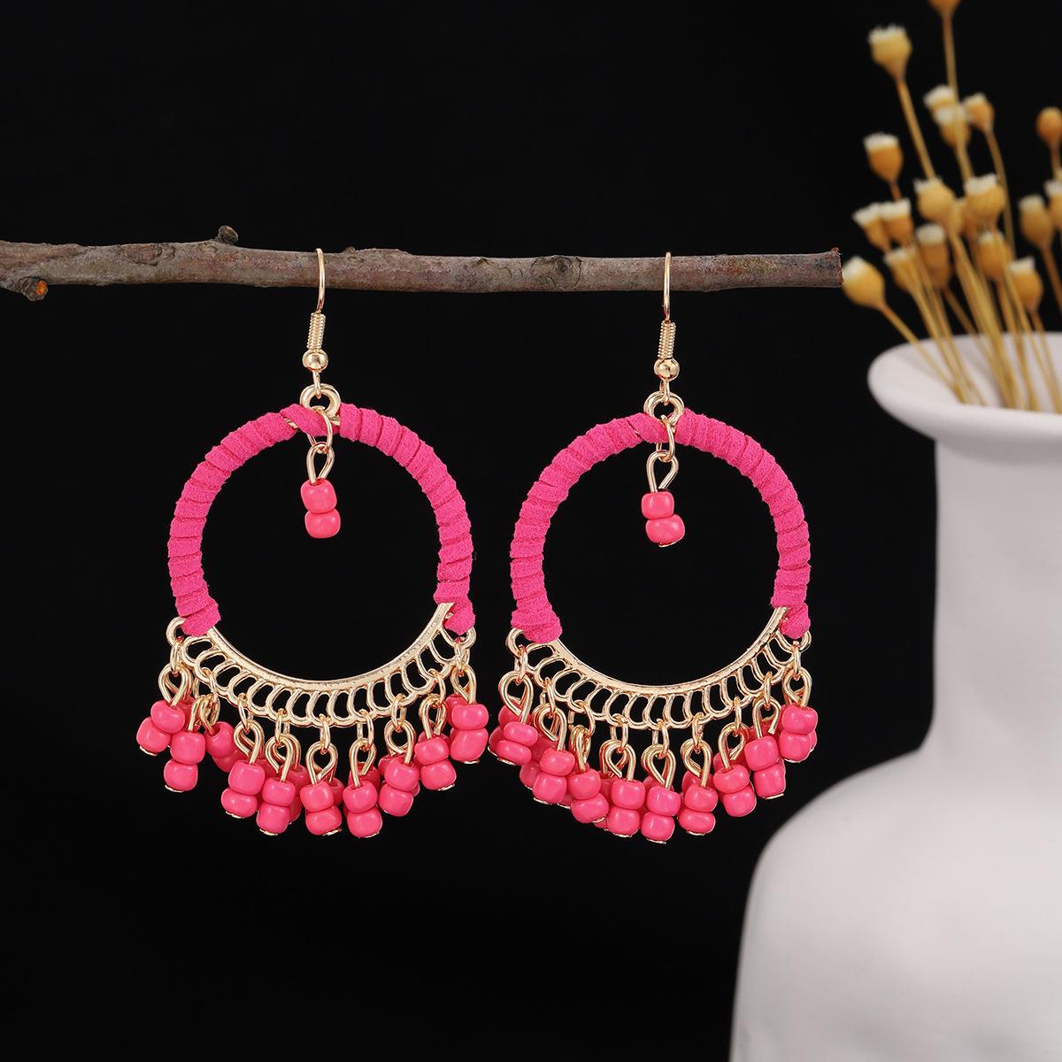 Ethnic Bohemian Geometric Round Earrings, Retro Hand-Woven Small Rice Bead Fringed Earrings