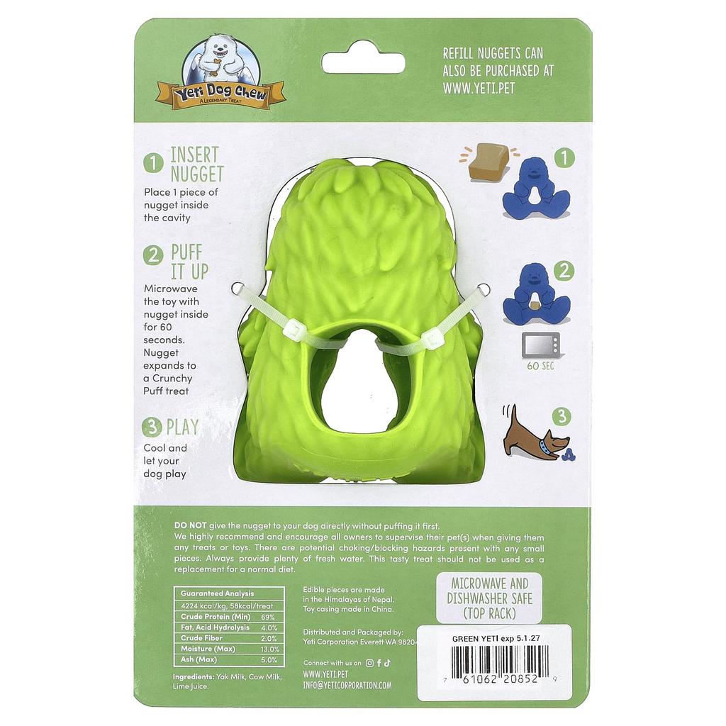Yeti Dog Chew, Puff & Play, Treat Dispenser, Yeti Dog Chew Nuggets, Green, 4 Nuggets, 1 Dispenser