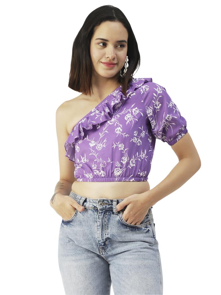 Moomaya Women  S Printed Crop Top, One Shoulder Cotton Casual Summer Top