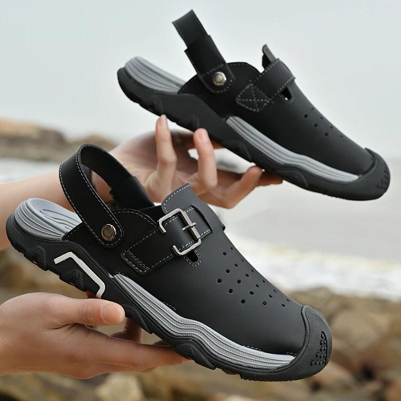 

Summer Men Quality Leather Sandals Thick Soled Comfortable Outdoor Dual-purpose Slippers Men Beach Toe Box Casual Sandal 45 чёрный