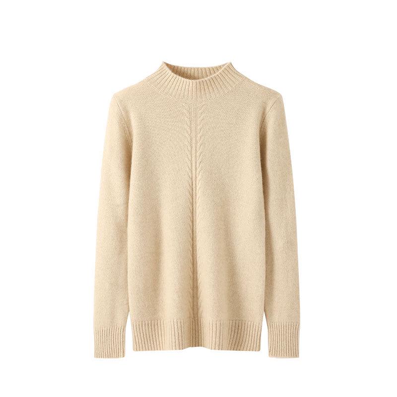 Women's Cashmere Cable Knit Top: Half-High Neck, Loose Fit, Warm Slimming Base Layer for Autumn and Winter