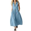 Women Sleeveless Collared Button Down Loose Fit Long Dress Casual Solid Shirt Dress with Pockets for Everyday Wear
