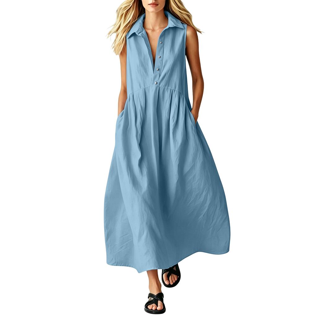 Women Sleeveless Collared Button Down Loose Fit Long Dress Casual Solid Shirt Dress with Pockets for Everyday Wear