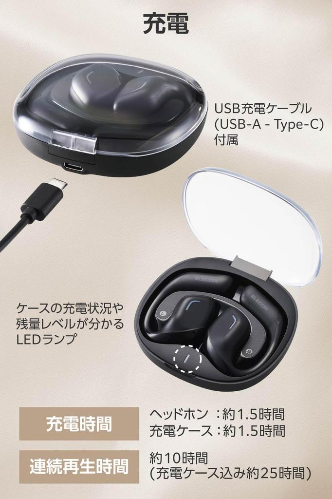 ELECOM Open-Ear Bluetooth 5.4 Wireless Headphones, Over-the-Ear Design, Built-in Microphone, 10 Hours of Playback, Lightweight Design (9.8g per ear),