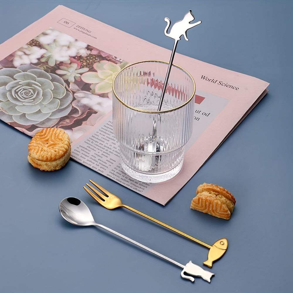 1pc, Dessert Spoon, Stainless Steel Coffee Spoon, Cute Milk Spoon, Kawaii Cat Stirring Spoon, Reusable Ice Cream Spoon, Washable Dessert Spoon