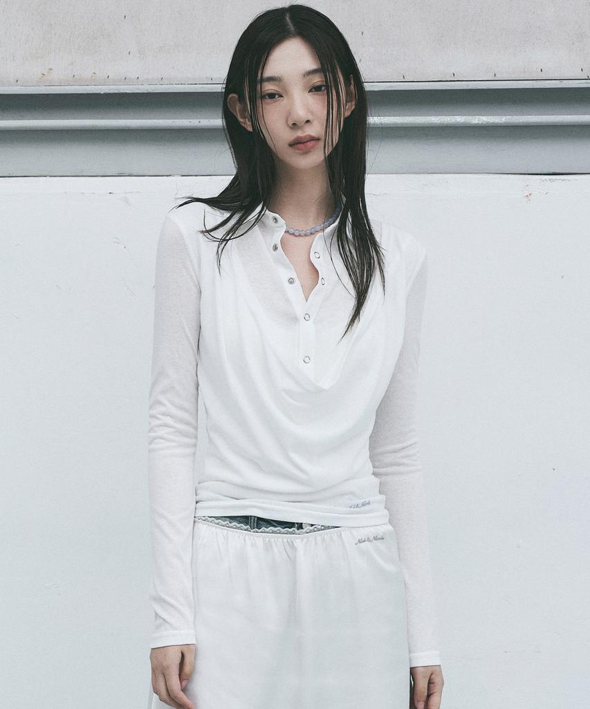 Nigaennikol Drape Collar Slim Top_Ivory