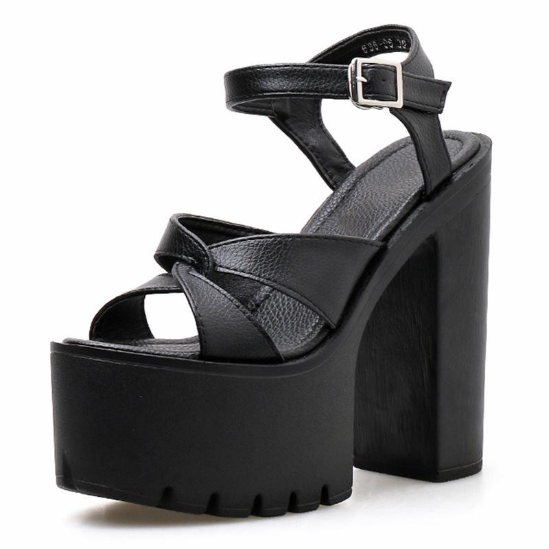 

Толстый каблук, толстая подошва, римские сандалии, женские, 15 см, черные, для подиума, для ночного клуба, для сцены, с пряжкой, высокие каблуки, европейские и американские 626-2 35 чёрный