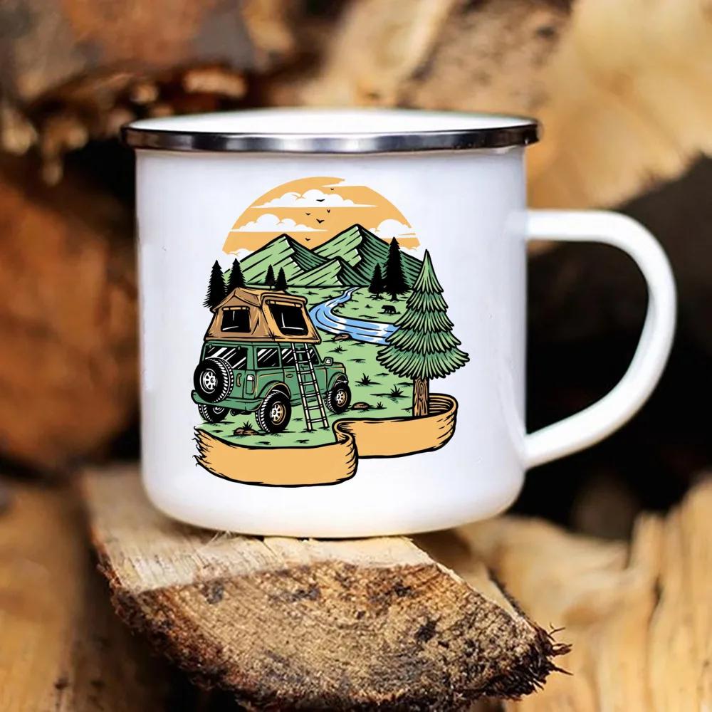 Touring Enamel Mug Caravan Printed Camper Mugs Camping Enamel Mug Adventure Campfire Party Beer Juice Cup Gifts for Camper