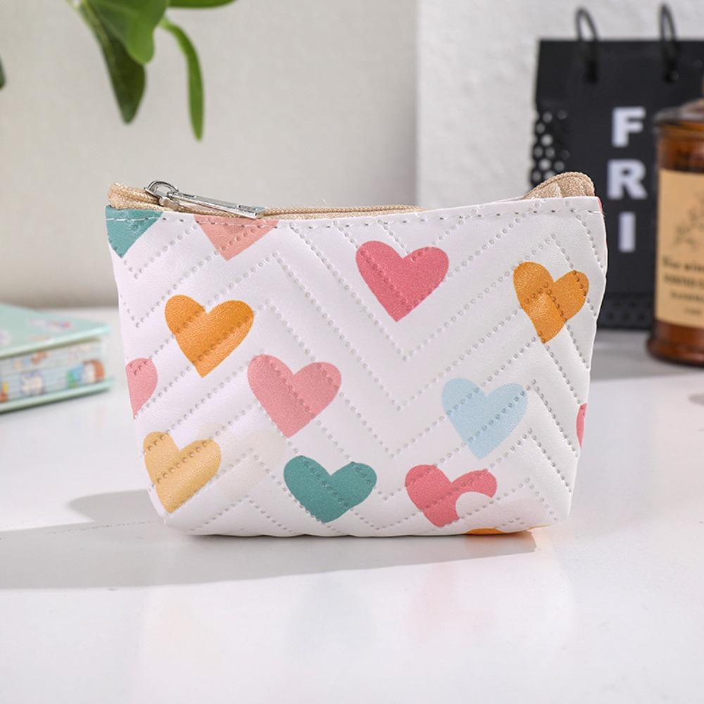 Multi-functional PU Leather Coin Purse Heart Patterns Zipper Closure Mini Wallet Small Makeup Bag Home Travel Lipstick Holder