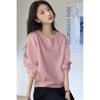 Women Pink Small V Neck Loose Long Sleeve Sweatshirt