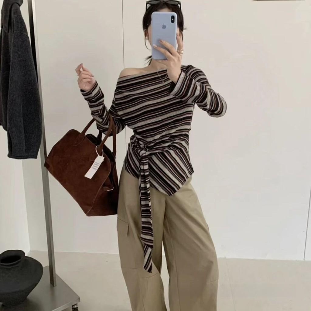 Korean Style Striped T Shirt With Tie Details For Fall Winter Fashion