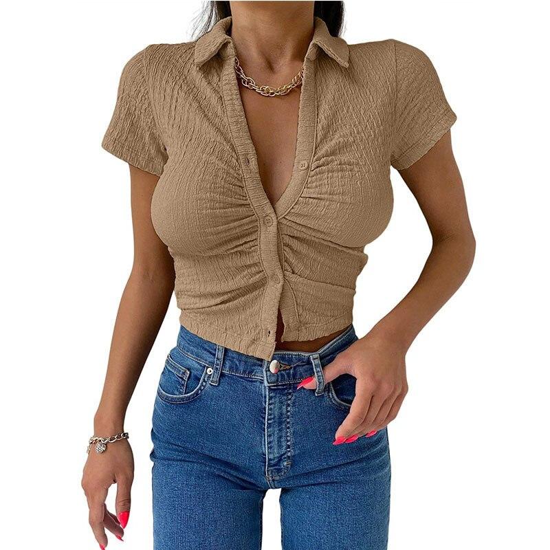 Knopf Kurzarm Slim T-Shirts 2023 Mode Sommer Sexy Crop Top Damen Y2k Streetwear T-Shirt Koreanisch Stilvoll Korsett Blusen 26330