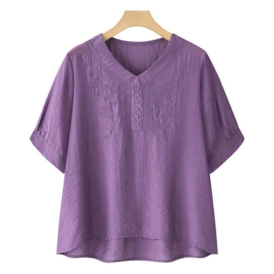 

Женские топы с V-образным вырезом, вышивкой, цветочным узором, коротким рукавом, пуловеры, свободный крой, однотонные летние футболки XL фиолетовый