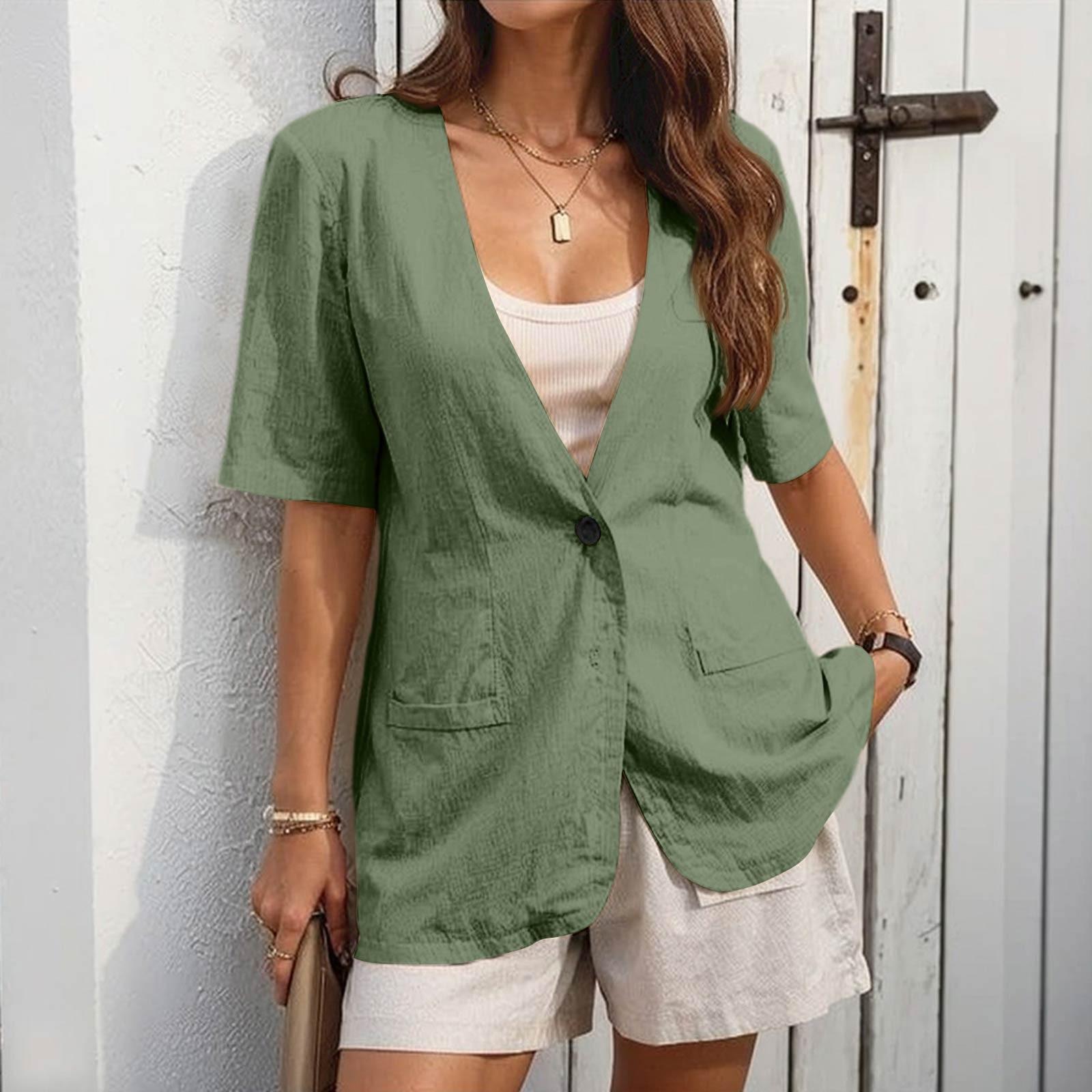 

Women s Work Casual Short Sleeve V-Neck Single Button Solid Color Coat L армія зелений колір