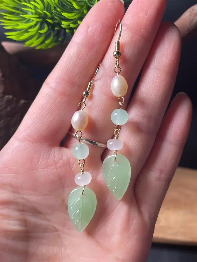 Vintage 14K Gold HeTian Jade RuYi Dropping Dangle Earring Chinese Retro Hook Earrings for Women Girl's Gift Jewelry
