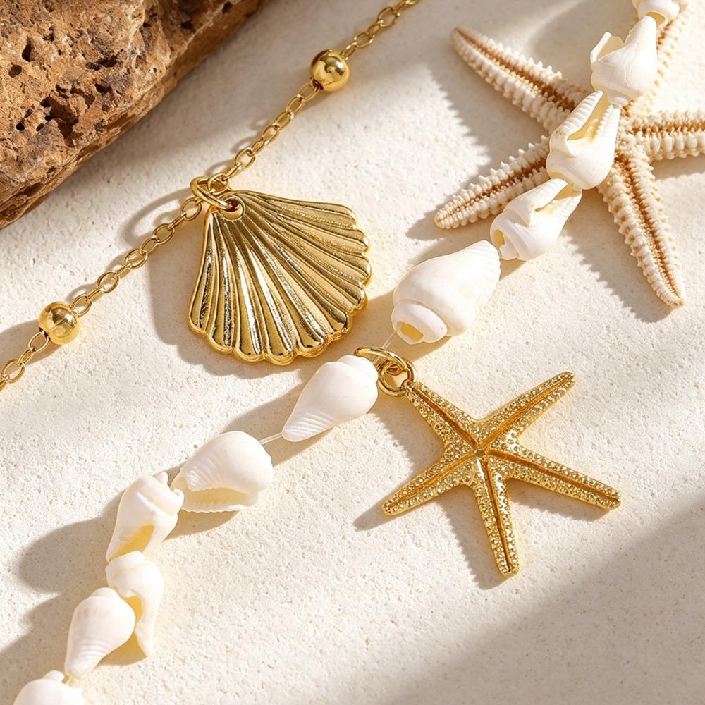 2pcs Set Fashion Starfish Shell Pendant Double-layer Necklace for Women Stacked Collar Chain Beach Vacation Jewelry Sets Gifts