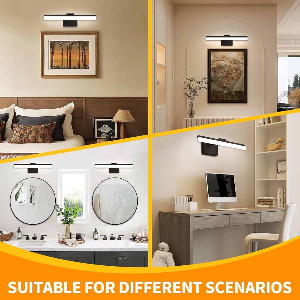 15.7 Inch Modern LED Bathroom Vanity Light Bar, 12W IP44 Black Mirror Lighting Fixture Over Mirror, 330° Rotatable 6000K Morden Picture Lights for