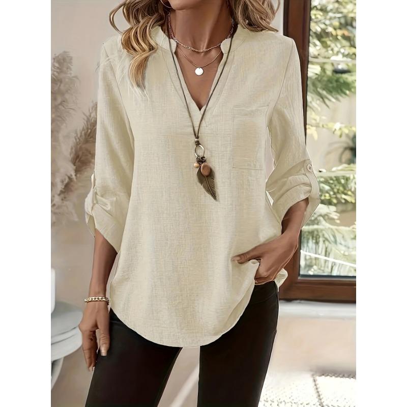 Casual V Neck Large Size Loose Women Blouse Fashion Elegant Tops Pocket Short Sleeve Simple Office Shirts Spring Solid Color Cothing