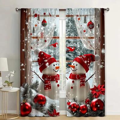 Christmas Snowman Printed Curtains Pole Bag Bedroom Living Room Decoration Home Curtain Polyester Perfect For Great