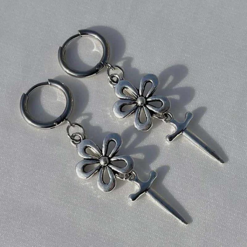 Flower Dagger Star Earrings - Hypoallergenic Silver Fairy Jewelry, Y2K Cute and Nickel-Free