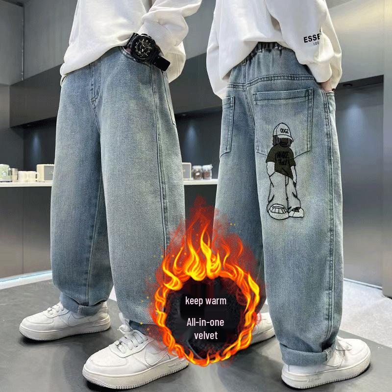 Dicke Jungenhose mit Fleecefutter – Neuer Herbst-/Winterstil, lockere Jeans für Kinder