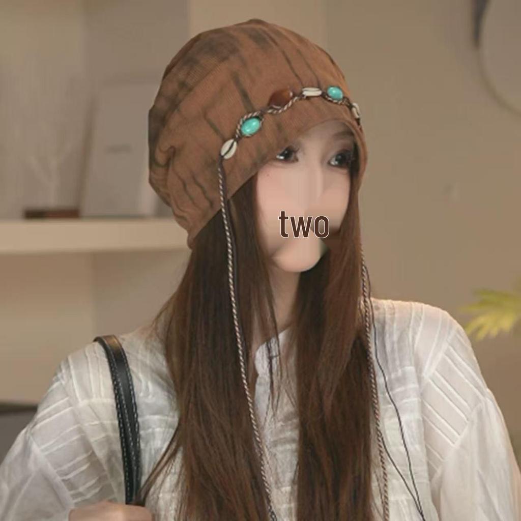 Korean-Style Tie-Dye Beaded Slouchy Beanie for Women - Ethnic Retro Tassel Skull Cap, Early Autumn Wear