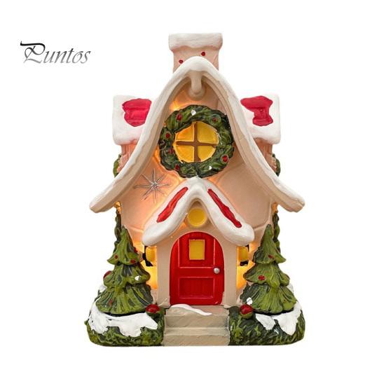 Red Door Holiday Decoration Mini Christmas House Figurine Small Resin Snowy Village Statue with Snow-covered Roof Decor Wreath And Pine Trees