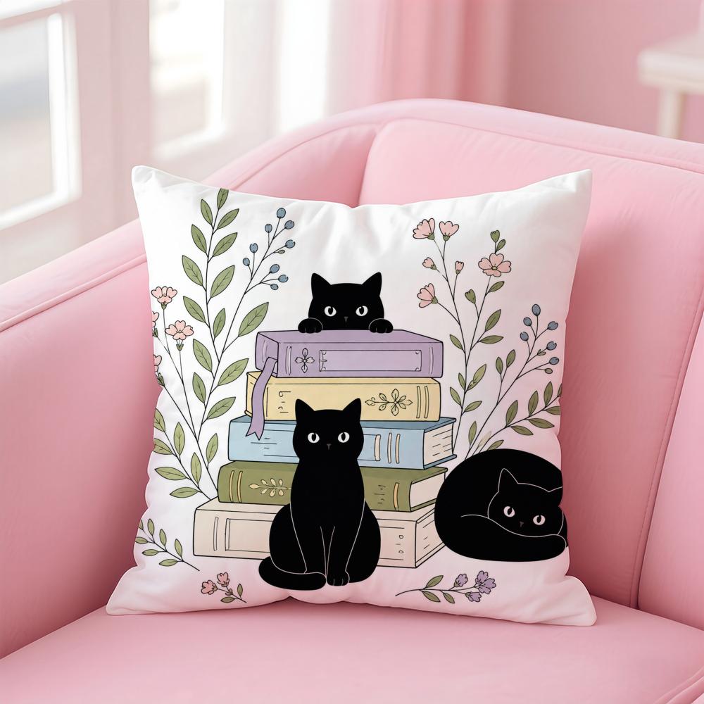 Black Cats With Books Cushion Cover Short Plush Soft DoubleSided Printing Pillow Case Cozy Sofa Bedroom Home Decor Gift