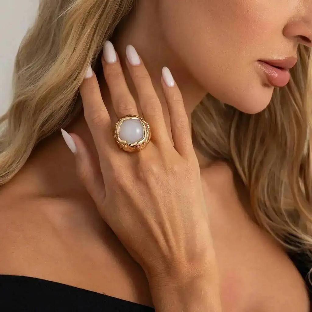 SHIXIN Vintage Hyperbole Irregular Metal  Inlaid Resin Thick Textured Round Rings Women Trendy Finger Aesthetics Jewelry Gifts