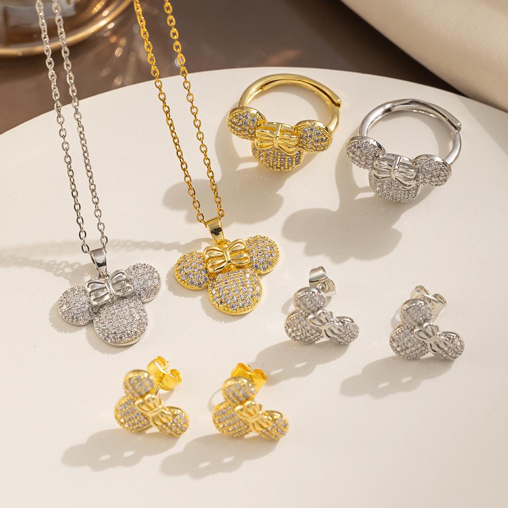 Cartoon Bow Mouse Studded With Zircon Necklace Earring Ring Set for Women Girl Stainless Steel Chain Sweet Gift for Friends Kids