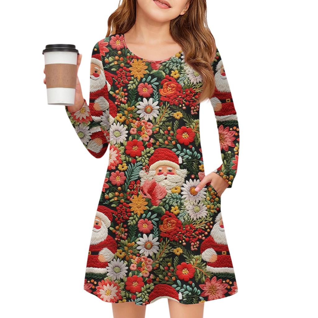 Christmas Day Girls' Long Sleeve Dress - Color Pocket Dress