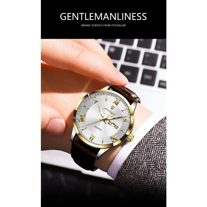POEDAGAR Luxury Fashion Watch for Man Leather Date Week Casual Quartz Clock Waterproof Luminous Business Watches Reloj