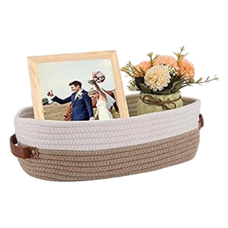Natural Cotton Rope Oval Storage Basket Featuring Sturdy Leather Handles For Home Use