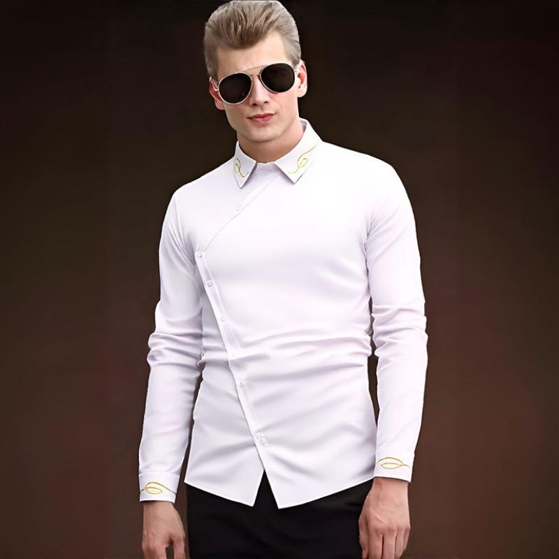 Men White Asymmetrical Button Down Shirt Gold Embroidered Collar Top S белый