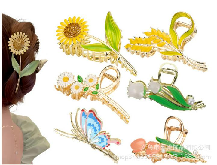 Stilig Fresh Temperament Oil Drop Floral Metal Shark Hair Clip