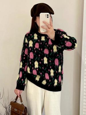 Plus Size Women's Round Neck Colorful Embroidered Knit Sweater - 2025 Winter Style Pullover