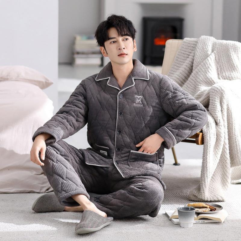 

Пижама мужская трехслойная флисовая утолщенная стеганая хлопковая зимняя коралловая флисовая пижама осенне-зимняя зимняя теплая больших размеров 3XL