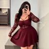 Plus Size Womens Lace Splice A-Line Long Sleeve Dress Vacation