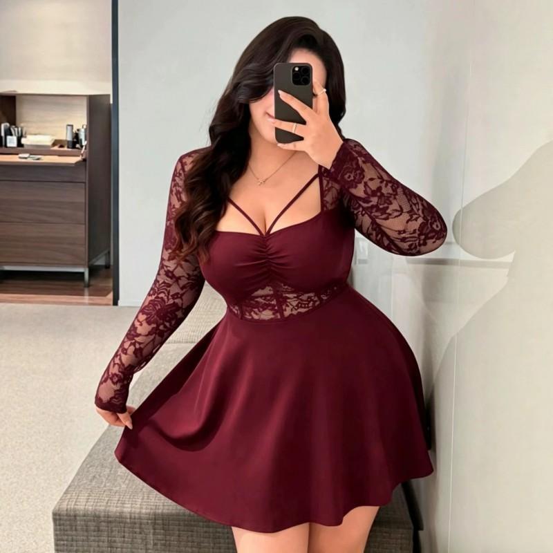 Plus Size Womens Lace Splice A-Line Long Sleeve Dress Vacation