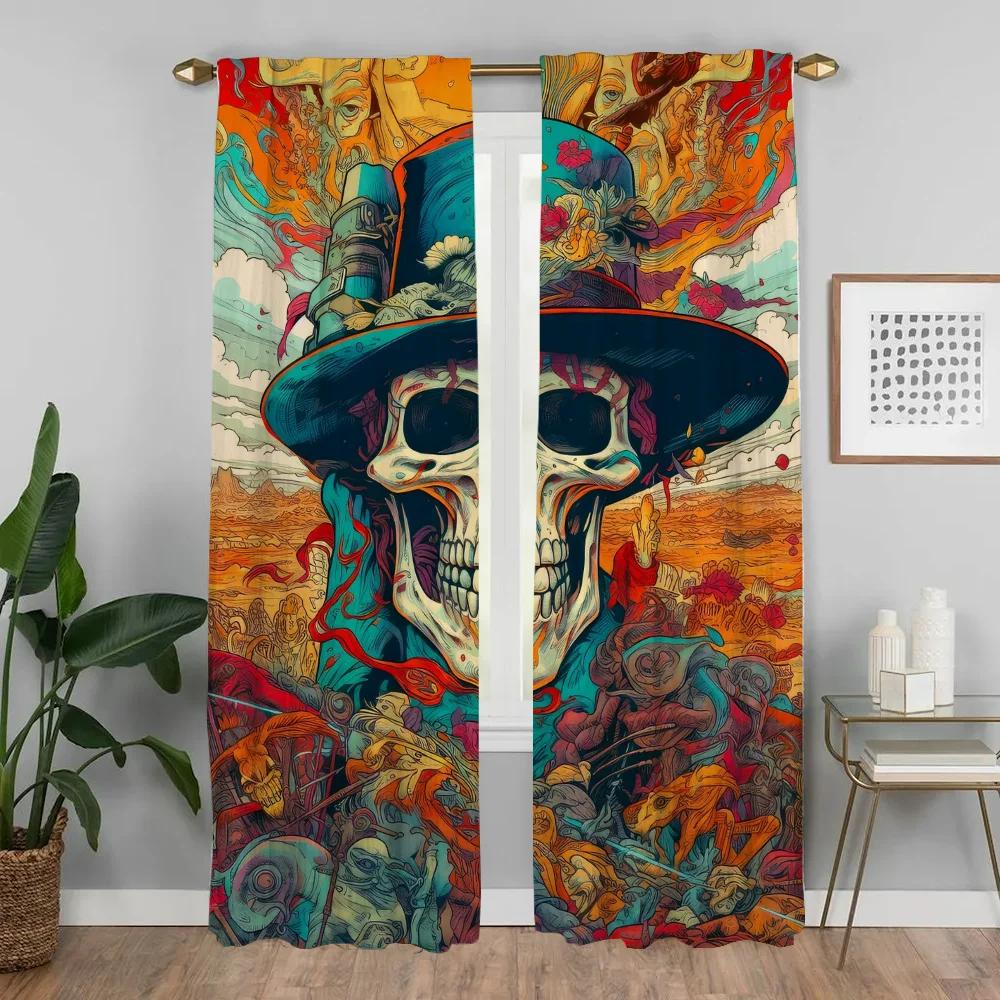 Musical Skull Kitchen Curtains for Living Room Home Interior Curtains 2 Pieces Partition Window Curtain Shades Tulle for Bedroom