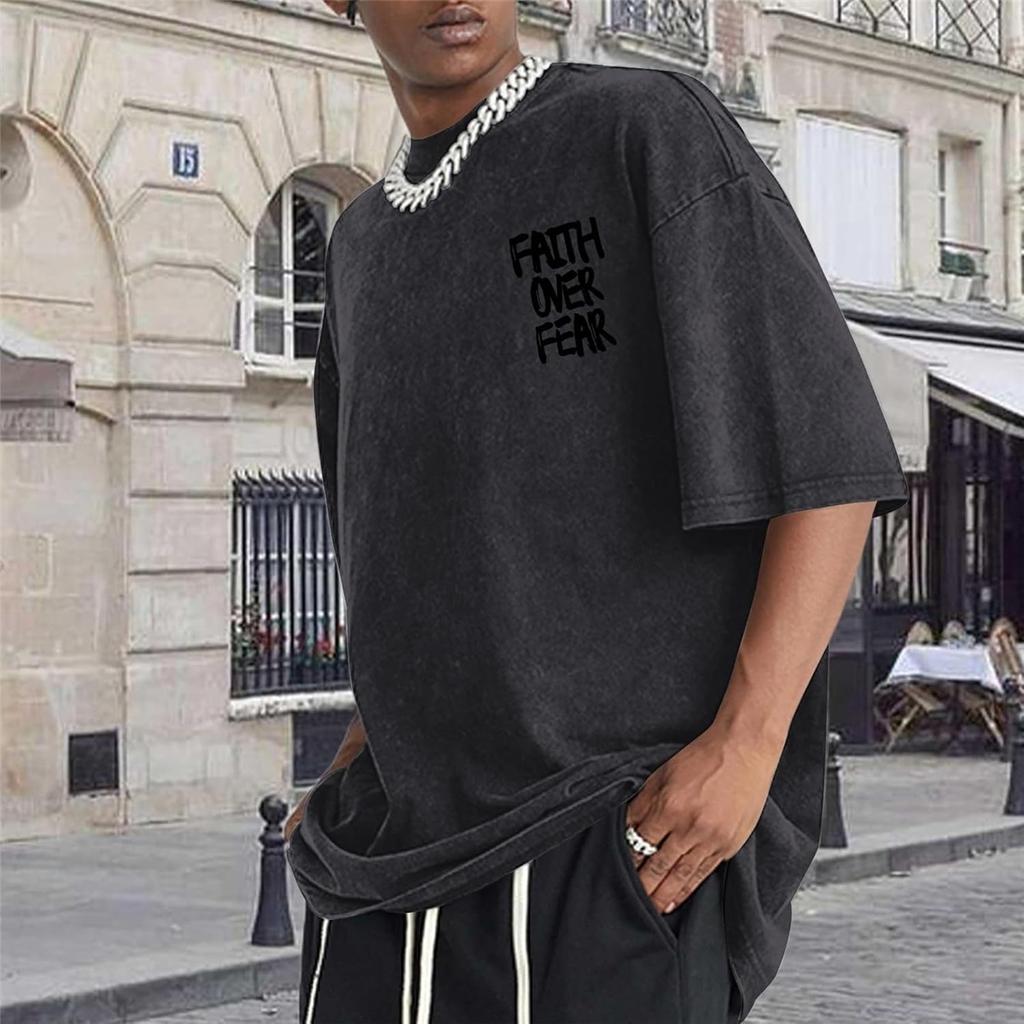 Men's Washed Faith Over Fear Print 100% Cotton Oversized Short Sleeve T-shirt