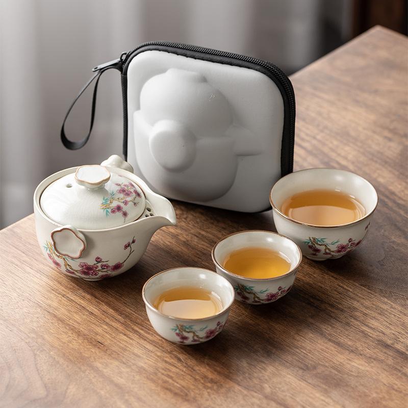 Ru kiln high-end open-piece travel tea set, one pot, three cups, outdoor portable light luxury company business commemorative gift