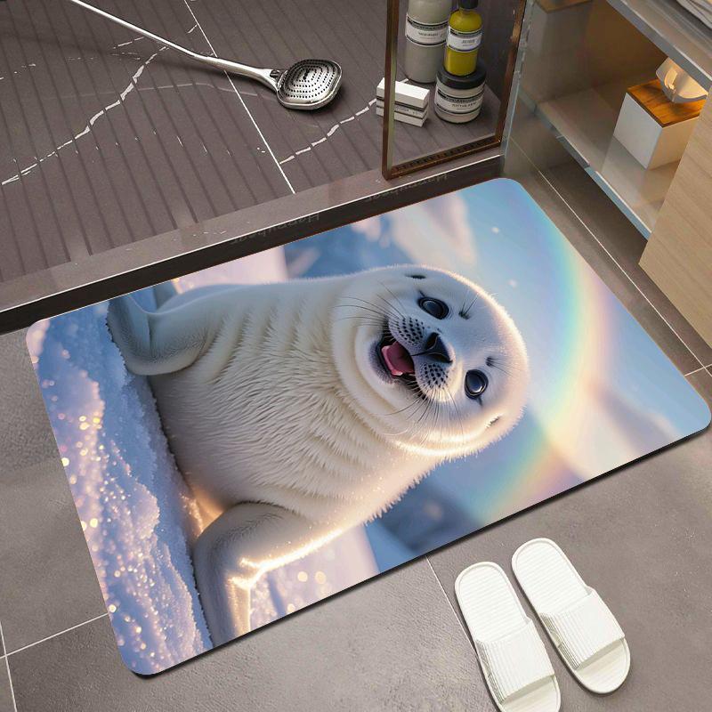 Schattige Babyzeehond met Regenboog Badmat Schattige Arctische Dierenprint Antislip Sneldrogend Vloerkleed 50x80cm