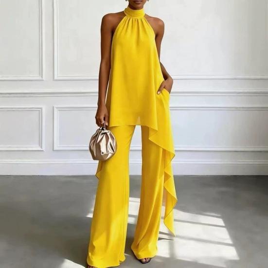Women's Chiffon 2 Piece Sets, Asymmetrical Halter Sleeveless Tops with Wide Leg Pants Summer Outfits, Casual Vacation Lounge Matching Set