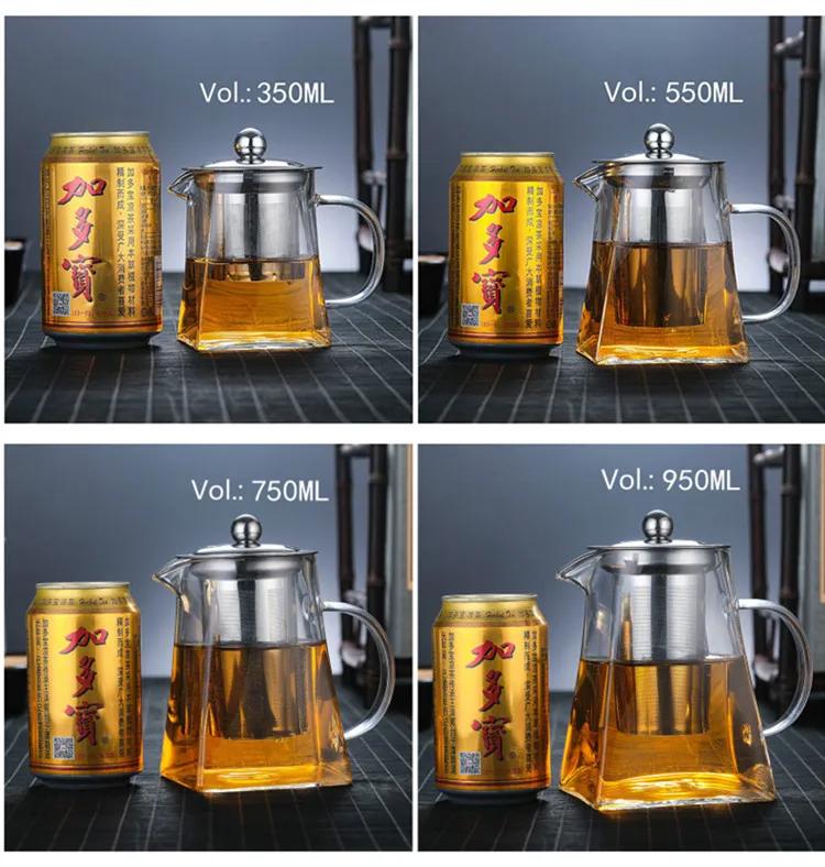 Heat-Resistant Glass Teapot, with Stainless Steel Filter Baskets, Clear Kettle, Brewing Tea Pot, Heatable Pitcher, Jug, Square