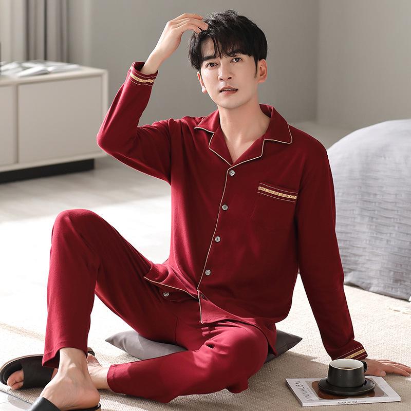 

Men s Long Sleeve Pajama Set: Red Turn-Down Collar, Cotton, Auspicious for Autumn/Weddings. 4XL