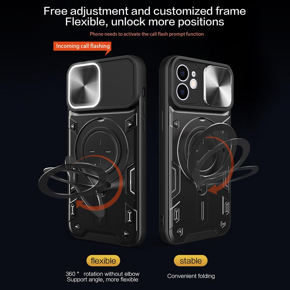 For iPhone 12 6.1 inch Slide Camera Lid Phone Case Rotatable Kickstand PC+TPU Shockproof Cover